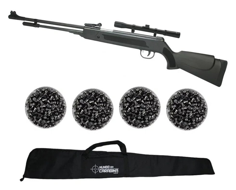 Carabina De Pressão Spring Black Cal 5,5mm + Capa + Luneta 4x20 + Chumbinhos - Fixxar
