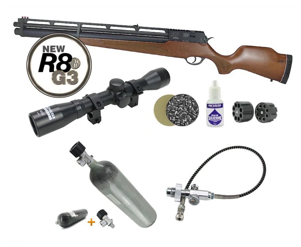 Carabina De Pressão Pcp Rossi R8 5,5mm 8 Tiros 350 M/s + Kit Scuba + Luneta 4x32