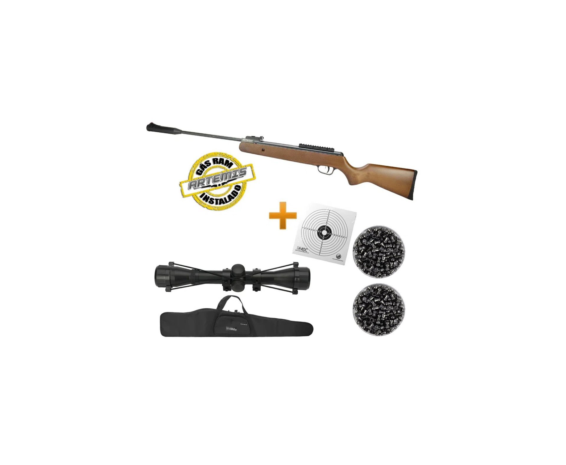 Carabina De Pressão Black Hawk Wood Edition Gas Ram 70kg 5.5mm Artemis + Luneta + Capa + 2 Chumbinho