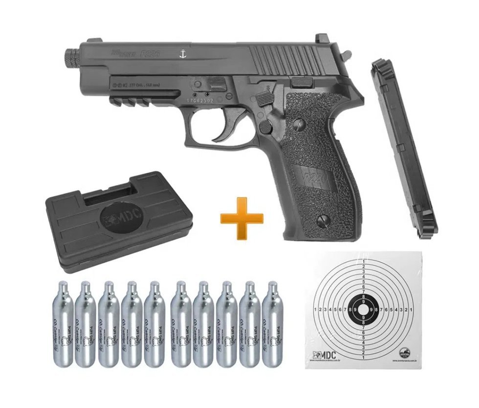 Pistola Pressão Sig Sauer P226 Co2 Full Metal Chumbinho 4,5mm 16 Tiros (8+8) Blowback + 10 Co2 + Chumbinho + Maleta