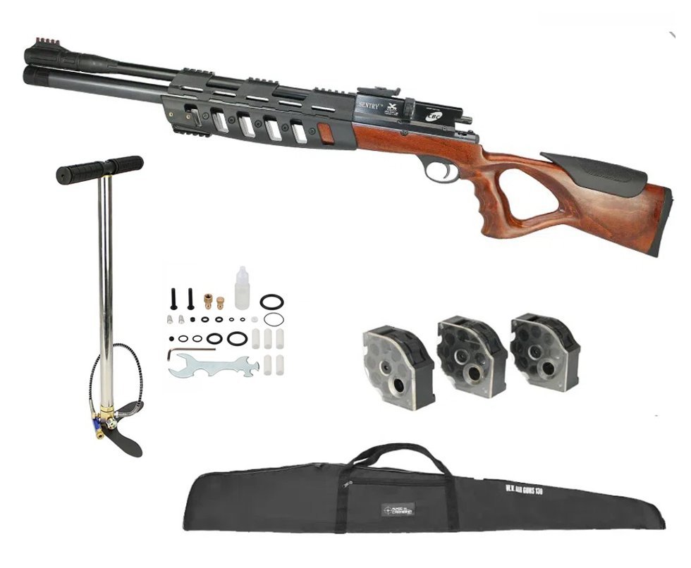 Carabina De Pressão Pcp Cbc Sentry 8 Tiros Coronha Madeira 5,5mm + 03 Magazine + Bomba Manual