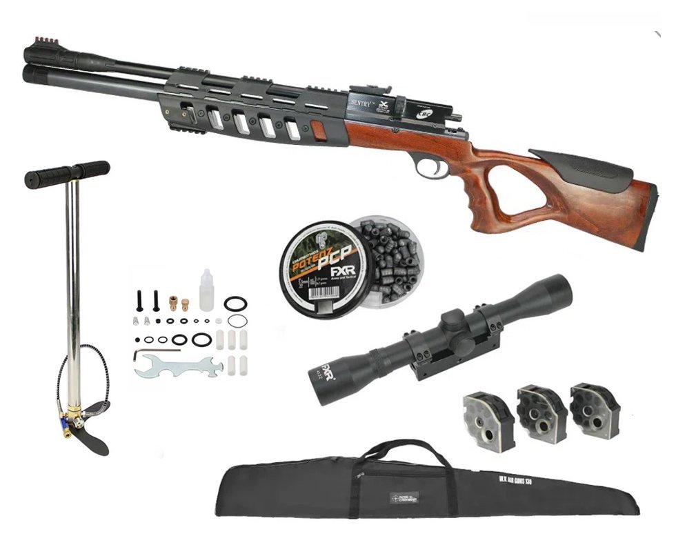 Carabina De Pressão Pcp Cbc Sentry 8 Tiros Coronha Madeira 5,5mm + Luneta 4x32 + Bomba Manual + 3 Mag + Chumbinho