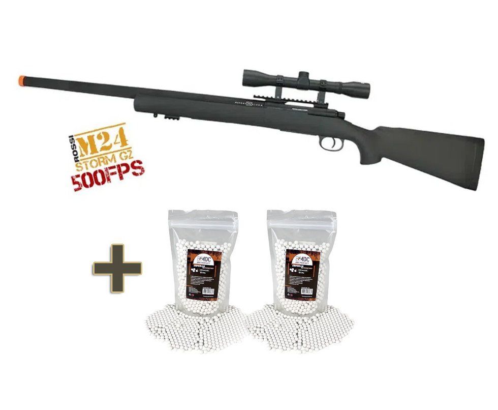 Rifle De Airsoft Sniper M24 Storm Full Metal Vsr10 500fps G2 Spring 6mm - Rossi + Luneta 4x32 + Bbs 025g 2000uni