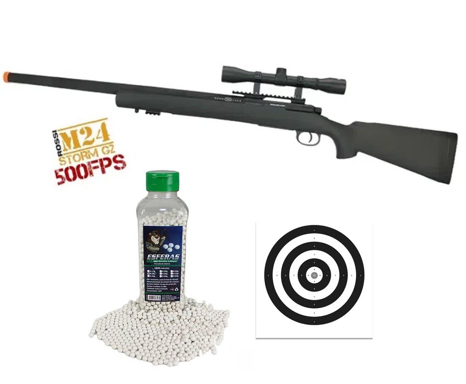 Rifle De Airsoft Sniper M24 Storm Full Metal Vsr10 500fps G2 Spring 6mm - Rossi + Luneta 4x32 + BBs 0,28