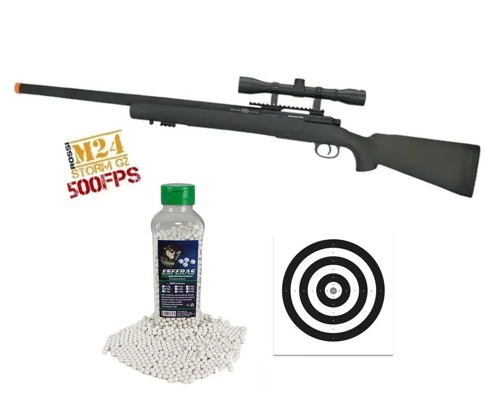 Rifle De Airsoft Sniper M24 Storm Full Metal Vsr10 500fps G2 Spring 6mm - Rossi + Luneta 4x32 + BBs 0,28