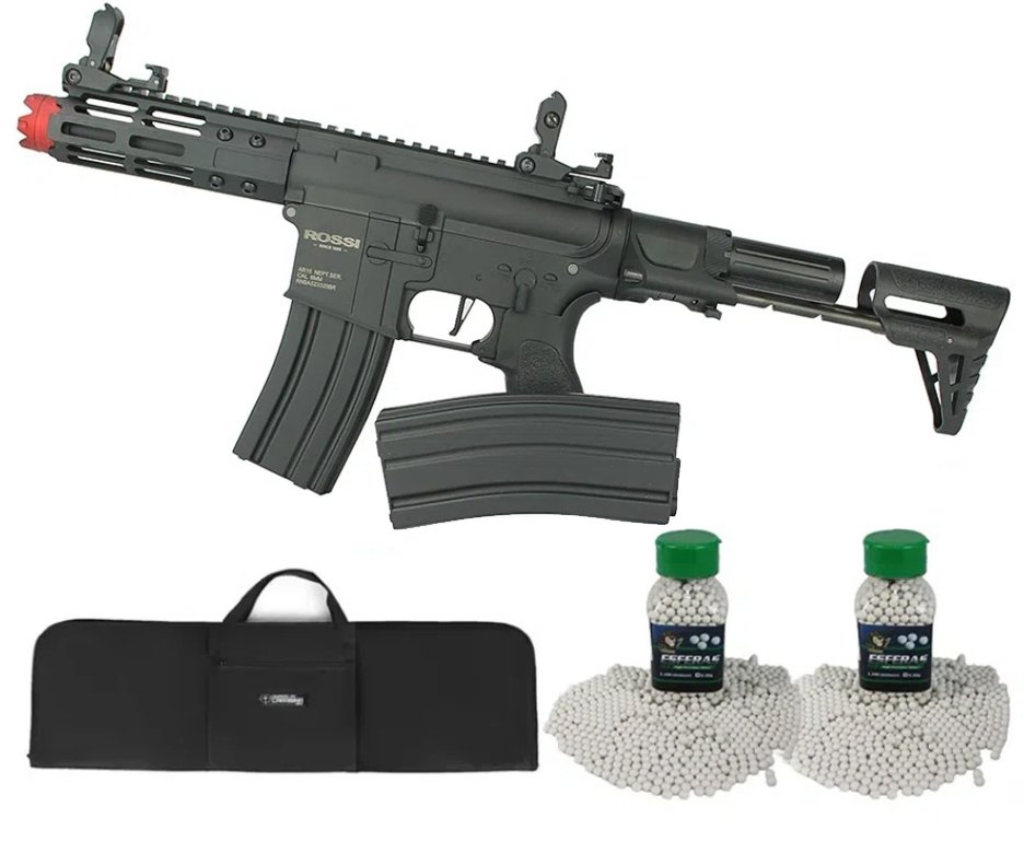 Rifle De Airsoft Pdw Rossi Ar15 Neptune 6mm Keymod 5,5" Com Gatilho Et + Capa Case Mdc + BBs 0,28