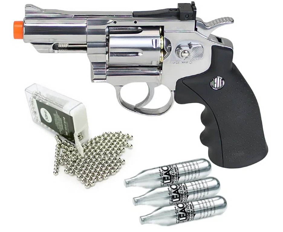 Revólver De Pressão Co2 Full Metal Rossi Niquelado 708s 2,5" 4,5mm + 3x Cilindro Co2 + Esfera De Aço 300uni