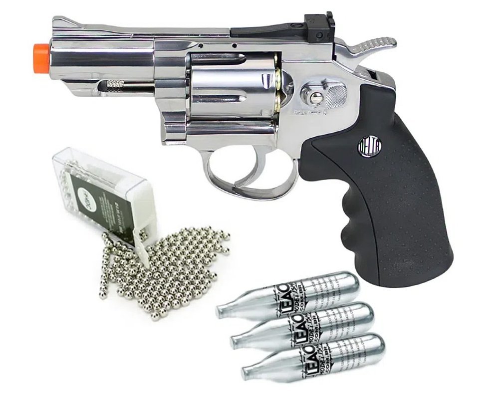Revólver De Pressão Co2 Full Metal Rossi Niquelado 708s 2,5" 4,5mm + 3x Cilindro Co2 + Esfera De Aço 300uni