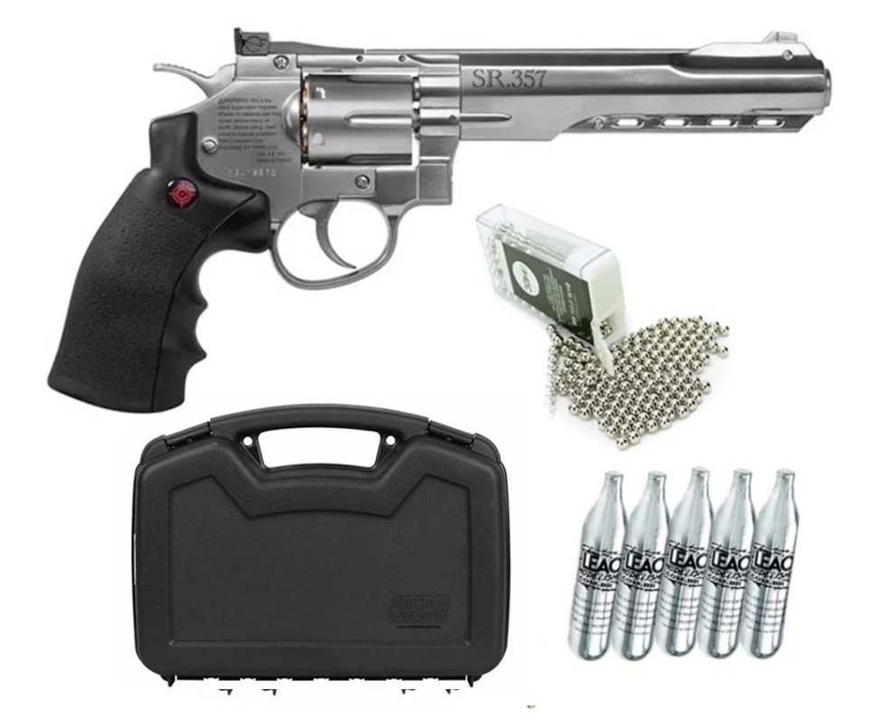 Revolver De Pressão Gas Co2 Sr357 Silver 6" Full Metal 6 Tiros 4,5mm Crosman + 5x Cilindro Co2 +  Esfera De Aço 300uni + Maleta Case Mdc