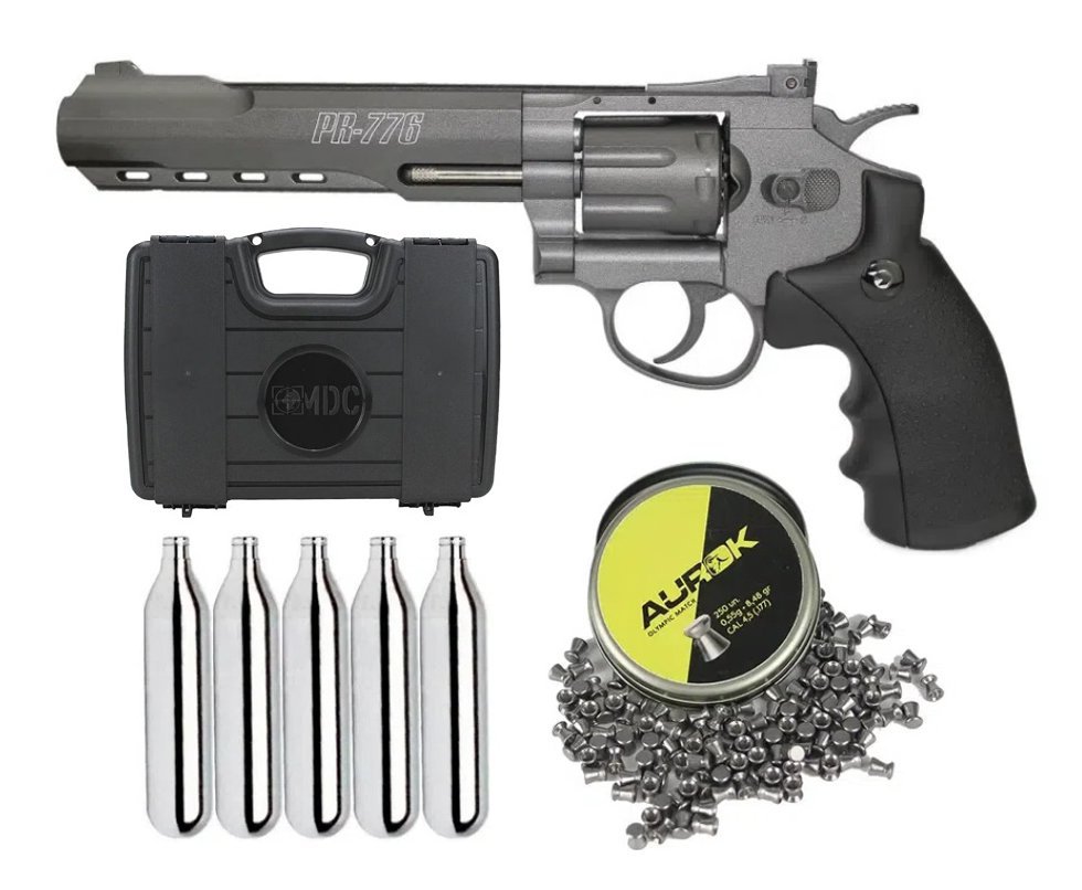 Revólver De Pressão Co2 Gamo 6" Pr-776 Full Metal 8 Tiros 4,5mm + 5x Cilindro Co2 + Chumbinho Aurok Olympic 250uni + Maleta/case Rigido Mdc