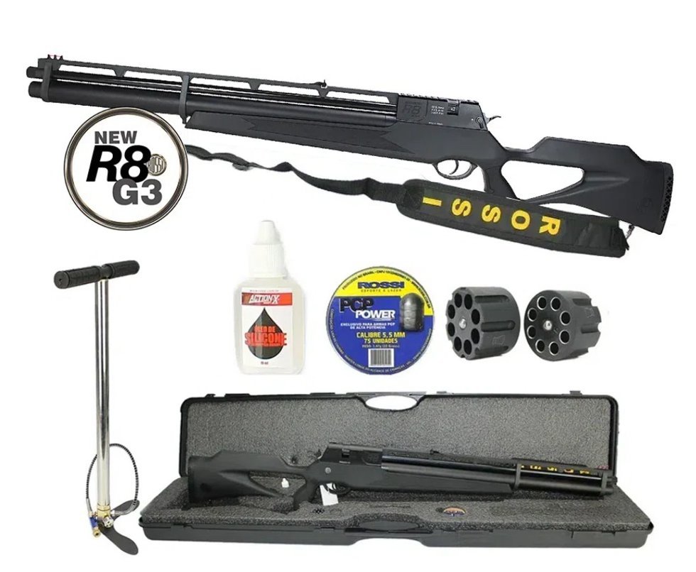 Carabina De Pressão Pcp Rossi R8 Black 5,5mm 8 Tiros 350 M/s + Bomba Pneumatica