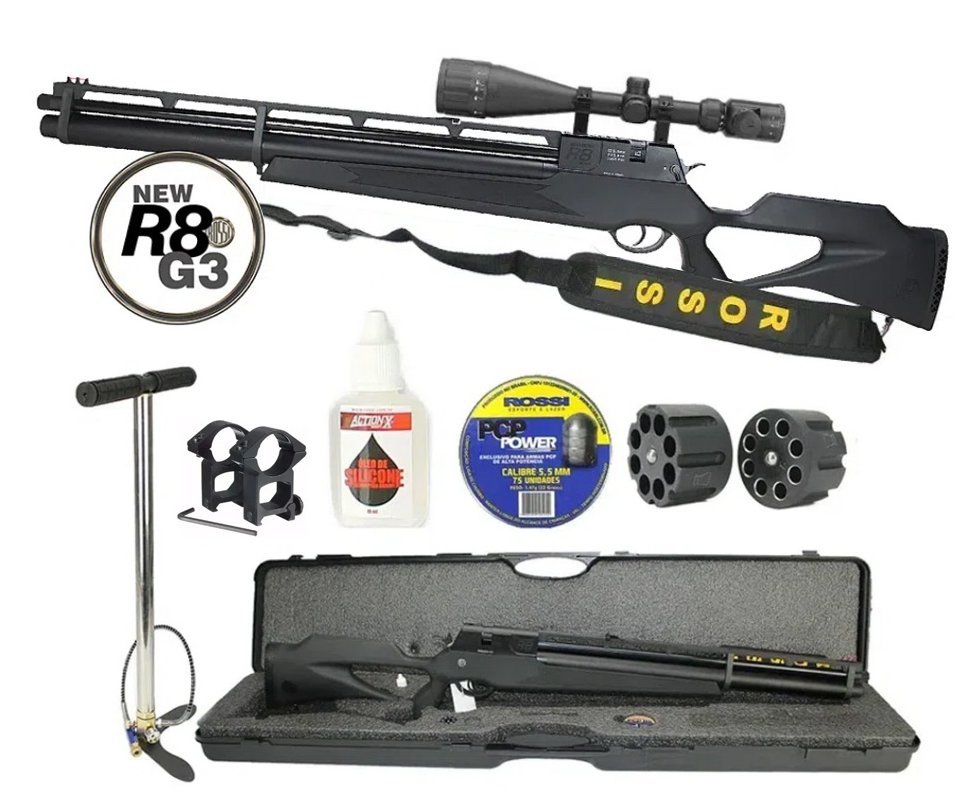 Carabina De Pressão Pcp Rossi R8 Black 5,5mm 8 Tiros 350 M/s + Bomba Pneumatica + Luneta 4-16x50