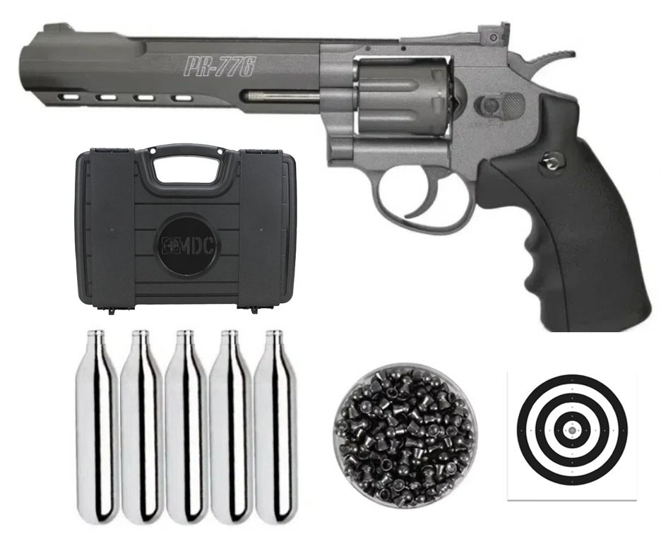 Revólver De Pressão Co2 Gamo 6" Pr-776 Full Metal 8 Tiros 4,5mm + 5x Cilindro Co2 + Chumbinho Aurok Olympic + Maleta Case Mdc