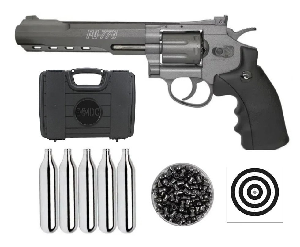 Revólver De Pressão Co2 Gamo 6" Pr-776 Full Metal 8 Tiros 4,5mm + 5x Cilindro Co2 + Chumbinho Aurok Olympic + Maleta Case Mdc