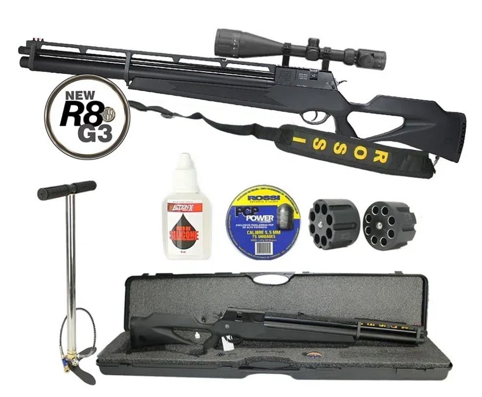 Carabina De Pressão Pcp Rossi R8 Black 5,5mm 8 Tiros 350 M/s + Bomba Pneumática 300bar + Luneta 6-24x50