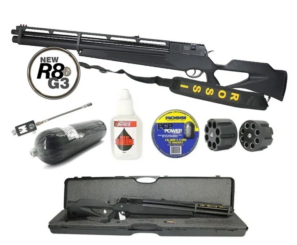 Carabina De Pressão Pcp Rossi R8 Black 5,5mm 8 Tiros 350 M/s + Estação De Recarga + KIT Cilindro Scuba 6,8L