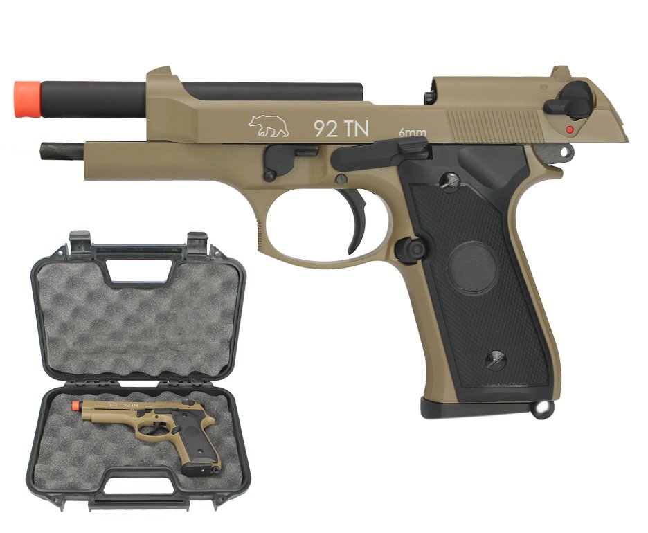Pistola de Airsoft Green Gas M92 TAN Full Metal Blowback 6mm + Case - QGK