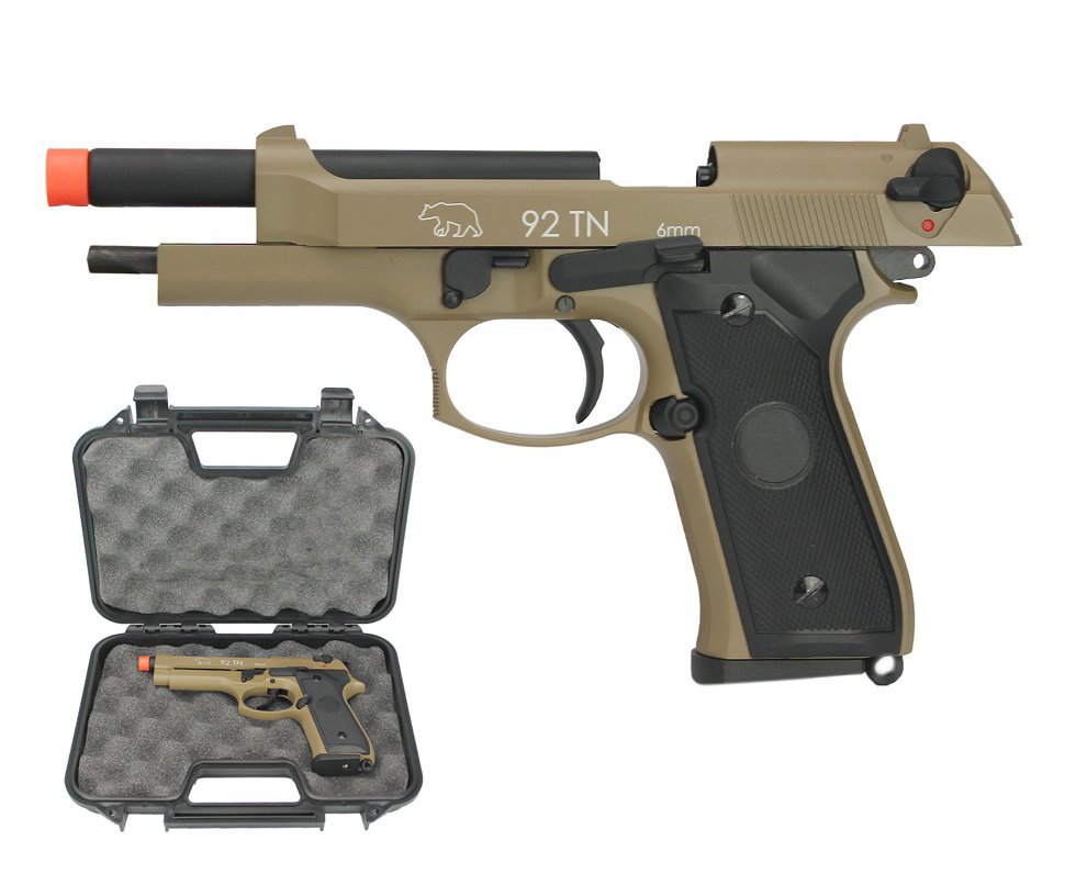 Pistola de Airsoft Green Gas M92 TAN Full Metal Blowback 6mm + Case - QGK