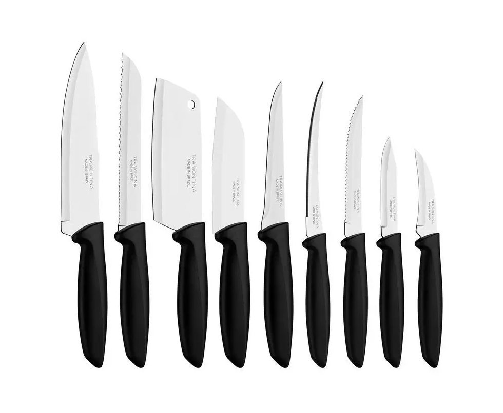 Jogo de Faca 9 Peças Plenus Preto - Sortidos C/ Lâminas de Aço Inox e Cabo de Polipropileno - Tramontina