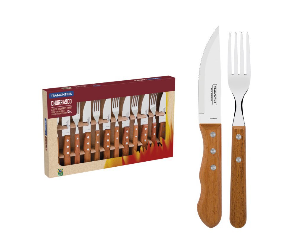 Jogo para Churrasco Tramontina Dynamic com Lâminas em Aço Inox e Cabos de Madeira Natural 12 Peças