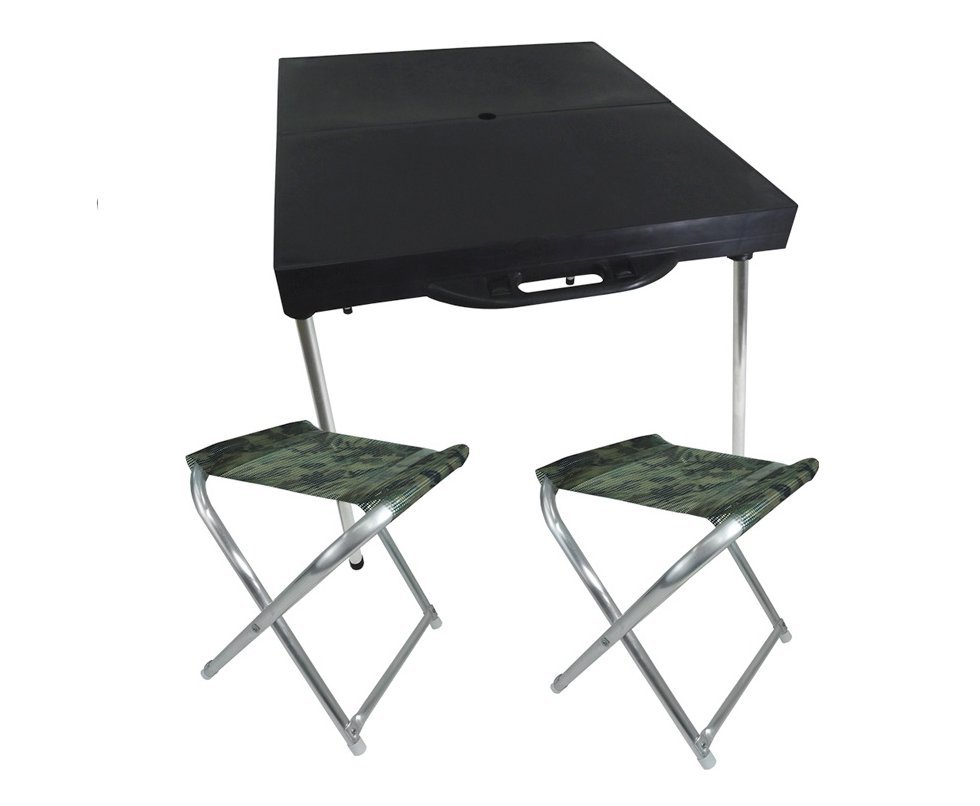 Mesa Maleta Dobrável camping e praia Com 2 Banquetas Alumínio Camufladas - Zaka