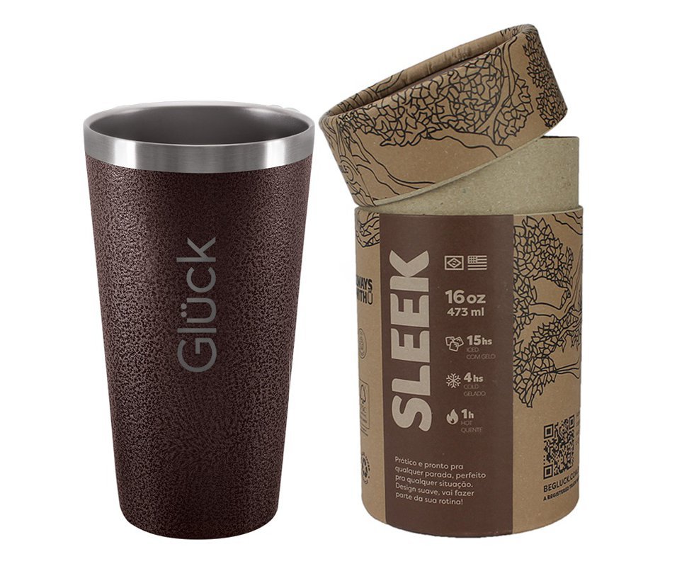 Copo Térmico Gluck Sleek Hammer Tobacco em Aço Inox 473ml Suporta 4h Gelado