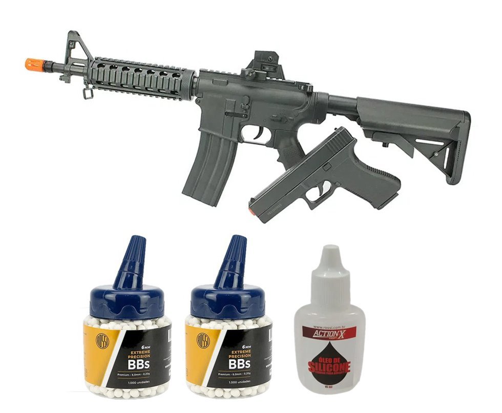 Kit Rifle M4 E Pistola V307 De Airsoft Vigor Vg Spring Rossi 6mm + Munição BBs