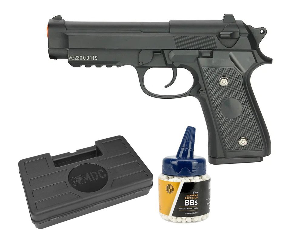 Pistola de Airsoft PT92 V22 Full Metal Spring 6mm - Vigor + 1000BBs + Case
