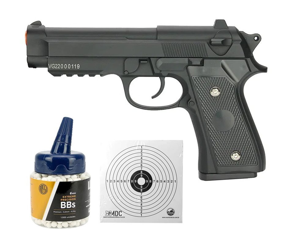 Pistola de Airsoft PT92 V22 Full Metal Spring 6mm - Vigor + 1000BBs + Alvo