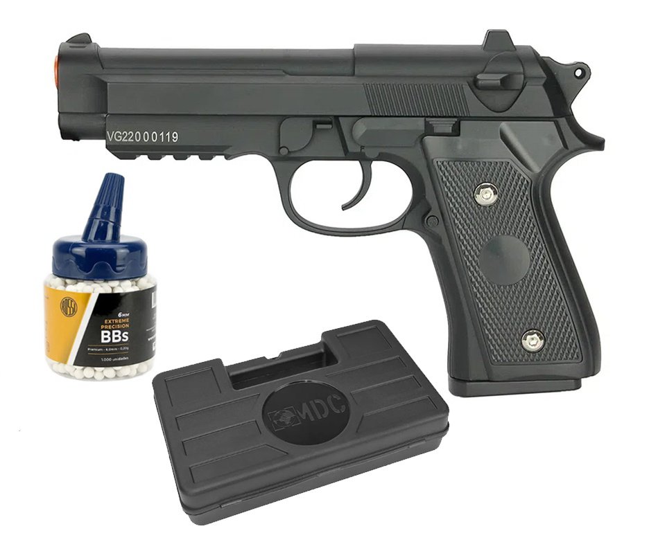 Pistola de Airsoft PT92 V22 Full Metal Spring 6mm - Vigor + Case + 1000Bbs