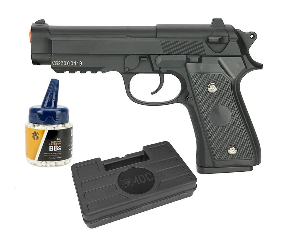 Pistola de Airsoft PT92 V22 Full Metal Spring 6mm - Vigor + Case + 1000Bbs