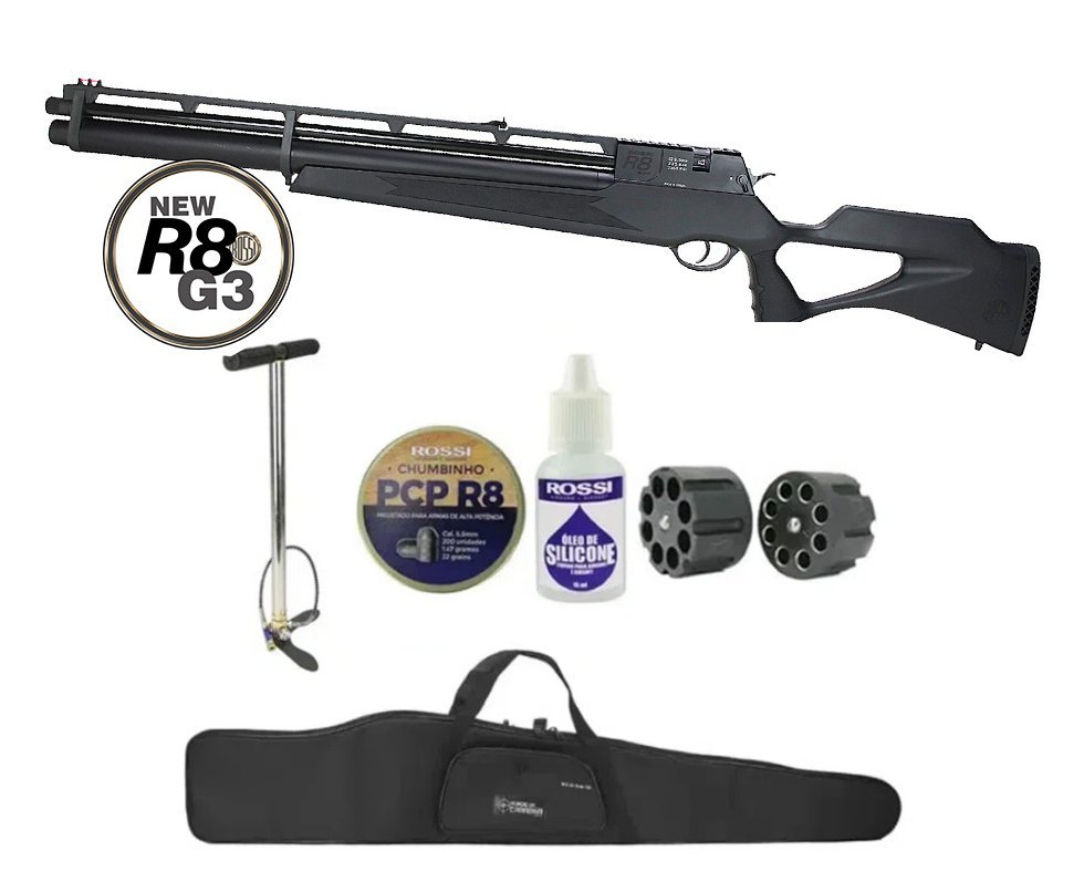 Carabina De Pressão Pcp Rossi R8 G3 Black STD 5,5mm 8 Tiros 377 M/S + Capa + Bomba