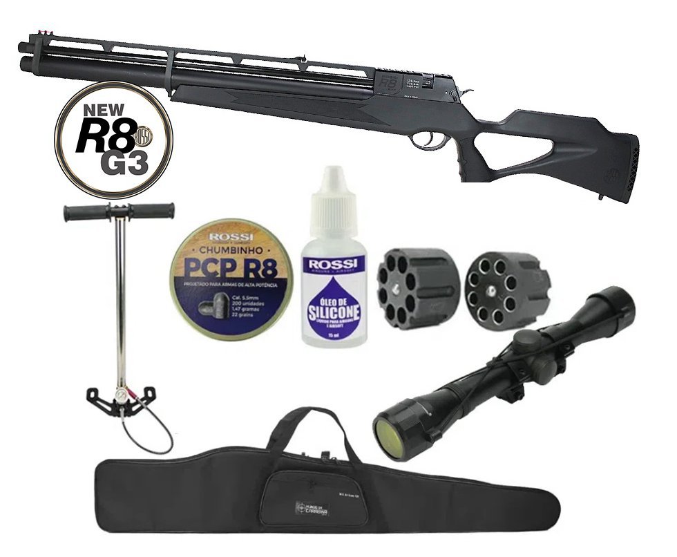 Carabina De Pressão Pcp Rossi R8 G3 Black STD 5,5mm 8 Tiros 377 M/S + Bomba + Luneta + Capa