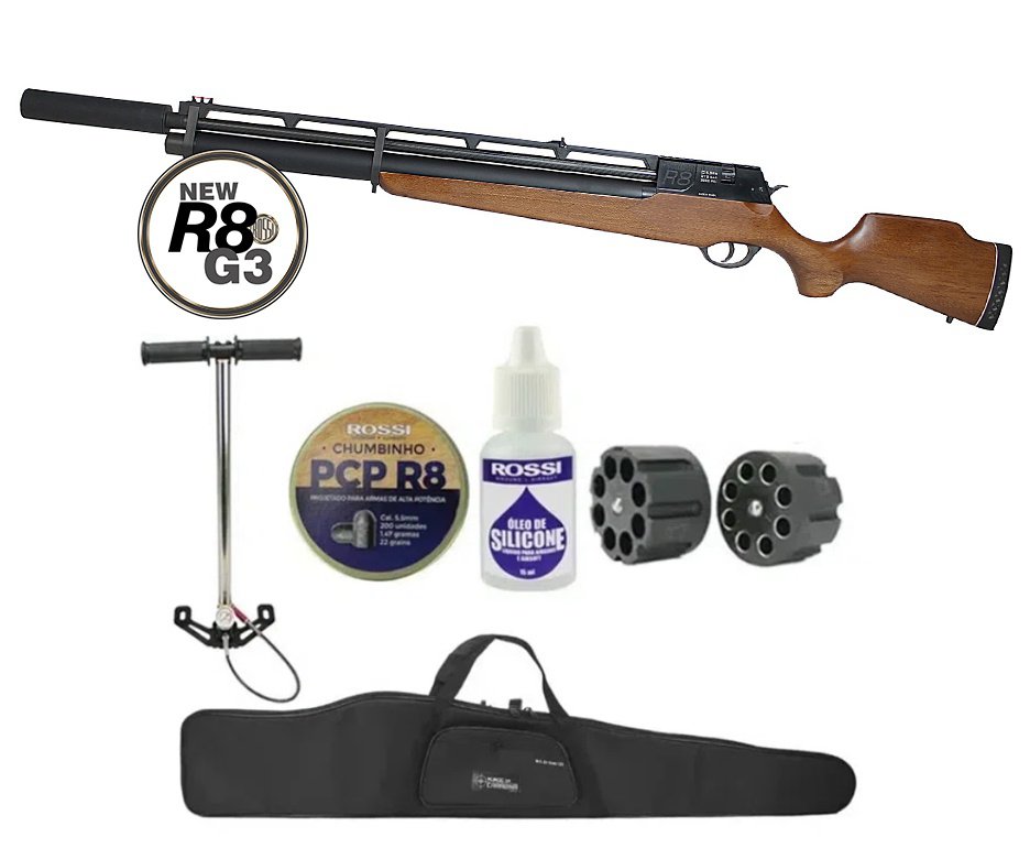 Carabina De Pressão Pcp Rossi R8 G3 Madeira Alto Fluxo STD 5,5mm 8 Tiros 350 M/S + Supressor + Bomba + Capa