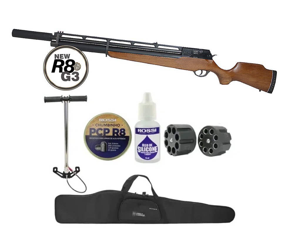 Carabina De Pressão Pcp Rossi R8 G3 Madeira Alto Fluxo STD 5,5mm 8 Tiros 350 M/S + Supressor + Bomba + Capa