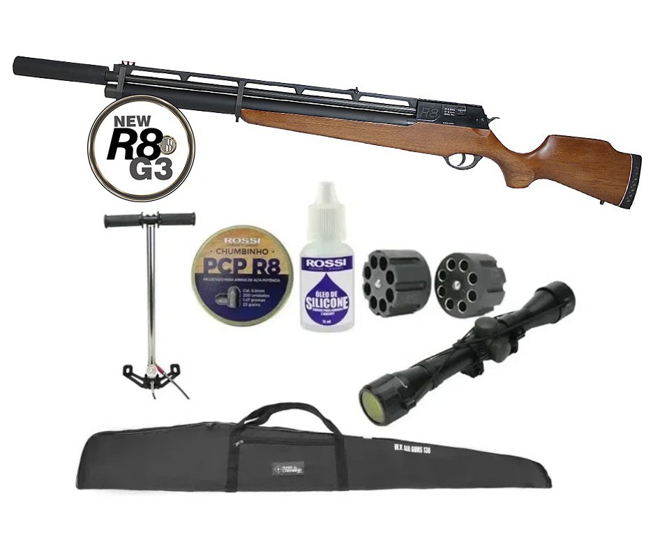 Carabina De Pressão Pcp Rossi R8 G3 Madeira Alto Fluxo STD 5,5mm 8 Tiros 350 M/S + Supressor + Bomba + Luneta + Capa