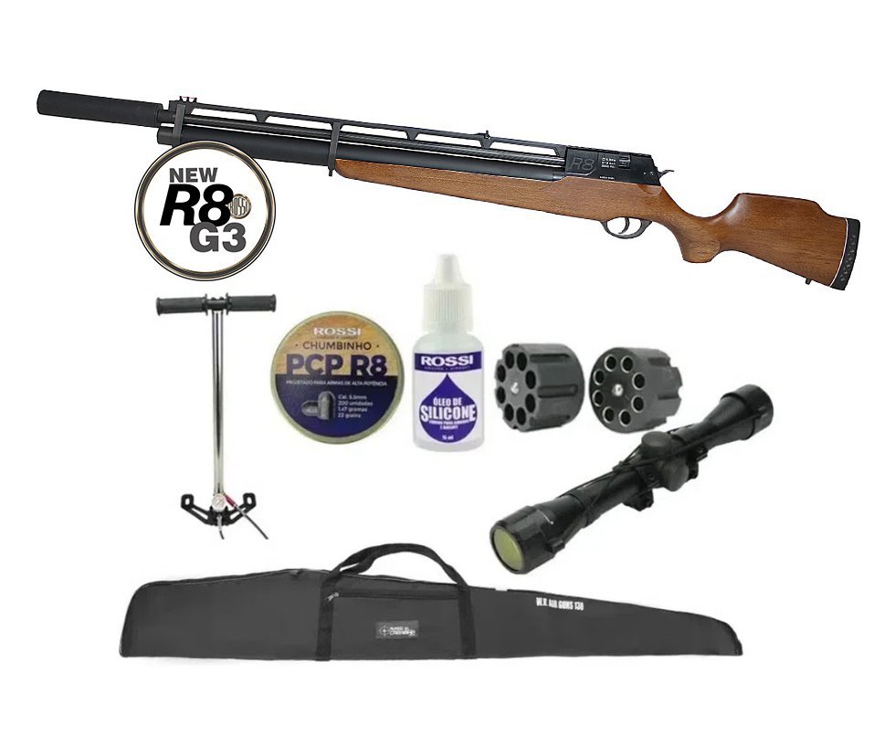 Carabina De Pressão Pcp Rossi R8 G3 Madeira Alto Fluxo STD 5,5mm 8 Tiros 350 M/S + Supressor + Bomba + Luneta + Capa