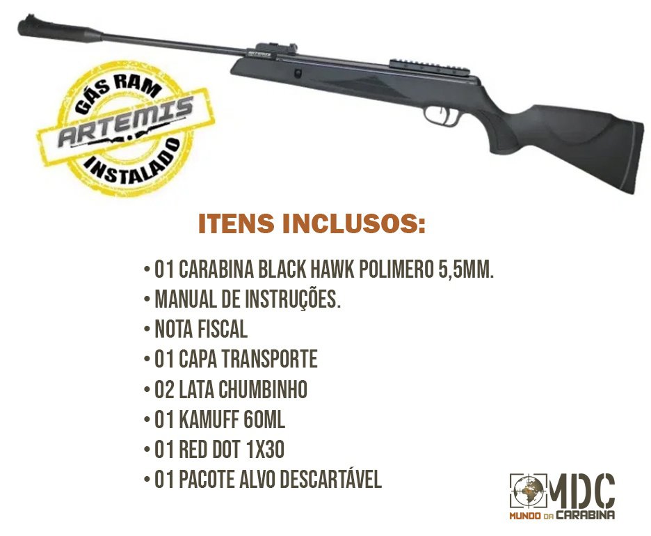 Carabina De Pressão Black Hawk Gas Ram 70kg 5.5mm Artemis + Red Dot + Capa + Kit