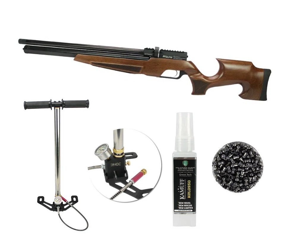 Carabina de Pressão PCP Aselkon MX5 Matte Black Wood Regulated 12 Tiros 5.5mm Aselkon + Bomba + Chumbinho