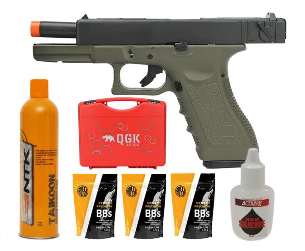 Pistola Airsoft GBB Green Gas Glock R18 OD Blowback 6mm Army Armament + KIT