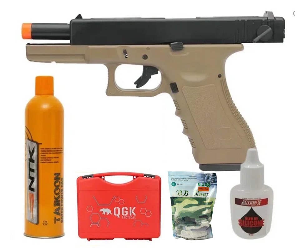 Pistola Airsoft GBB Green Gas Glock R18 TAN Blowback 6mm Army Armament + KIT