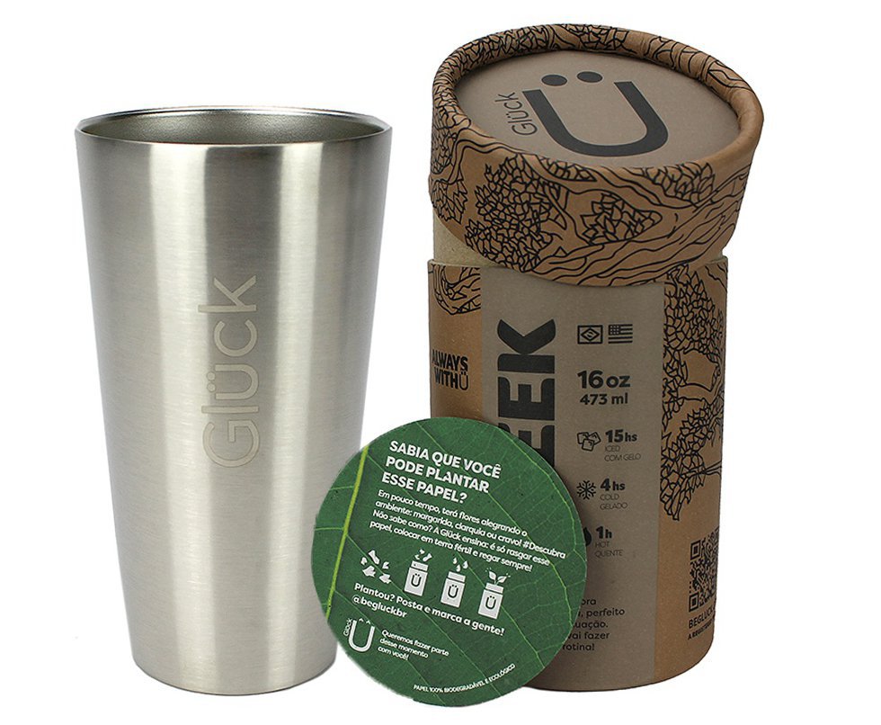 Copo Térmico Gluck Sleek Silver Steel em Aço Inox 473ml Suporta 4h Gelado