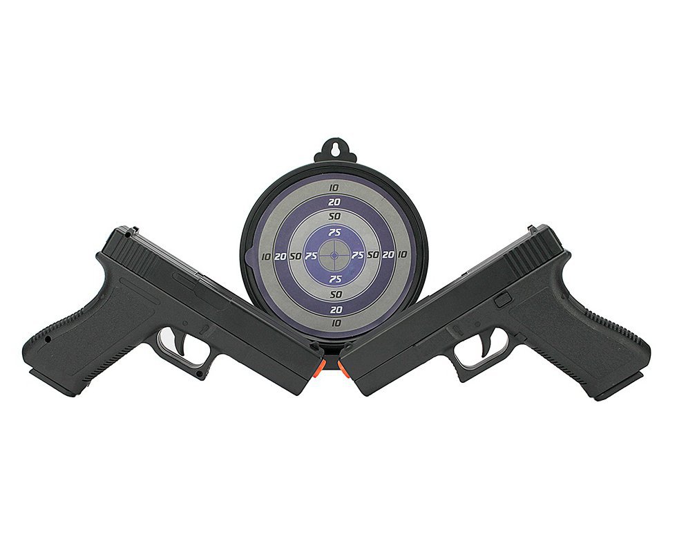 Kit Duelo 02 Pistolas Airsoft Spring Glock GK-V307 com Alvo Gel 6mm Rossi VG