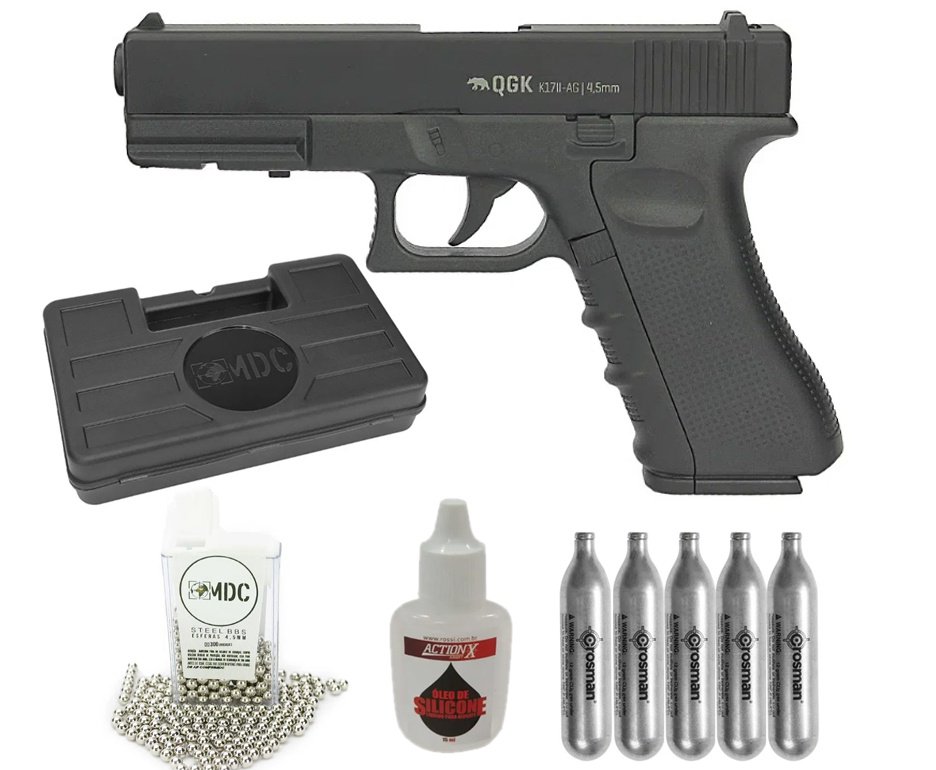 Pistola de Pressão Gás CO2 G17  K17 II Glock Full Metal 4.5mm QGK + CO2 + Case + BBs
