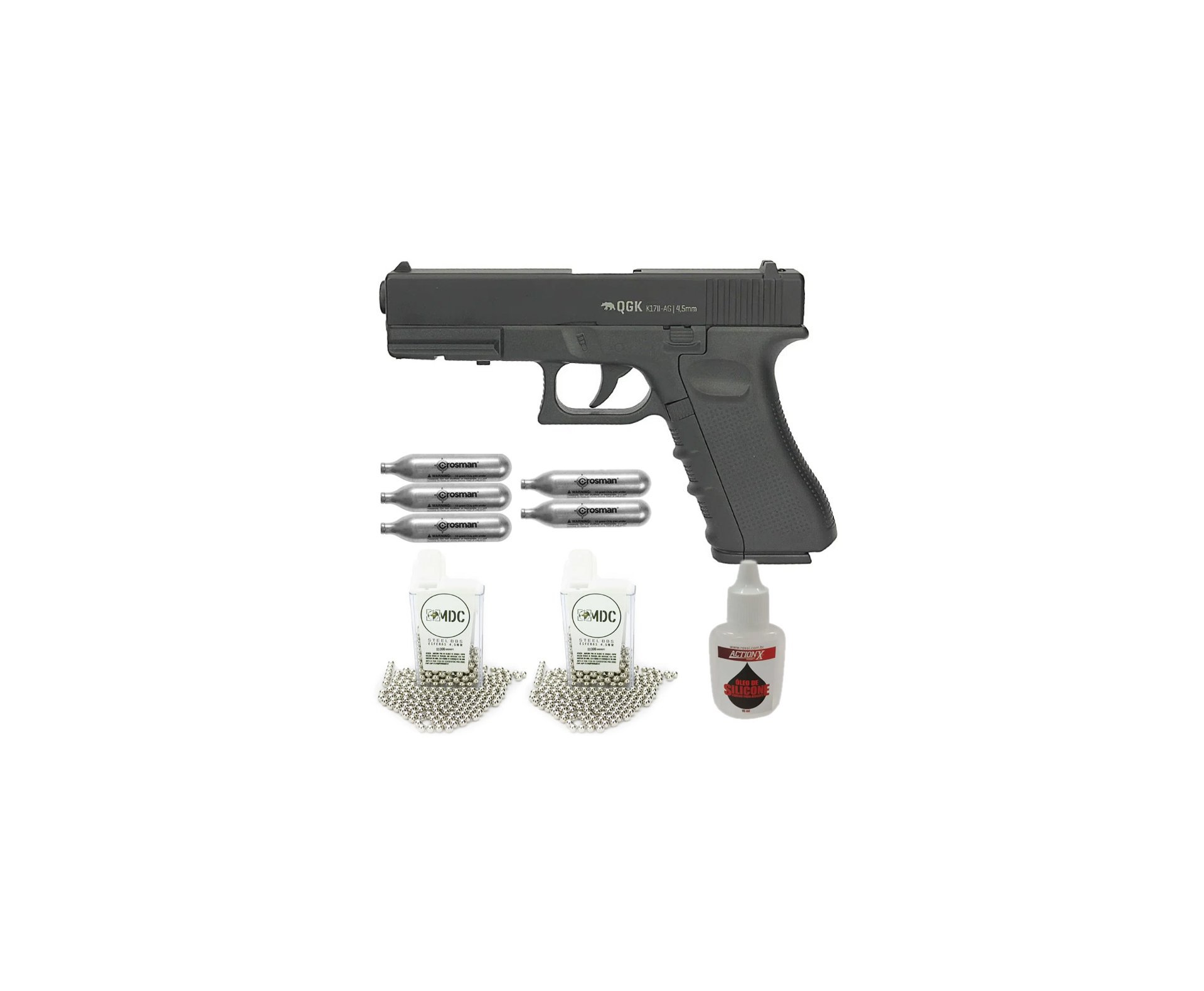 Pistola de Pressão Gás CO2 K17 II Glock Slide Metal 4.5mm QGK + Co2 + BBs munição