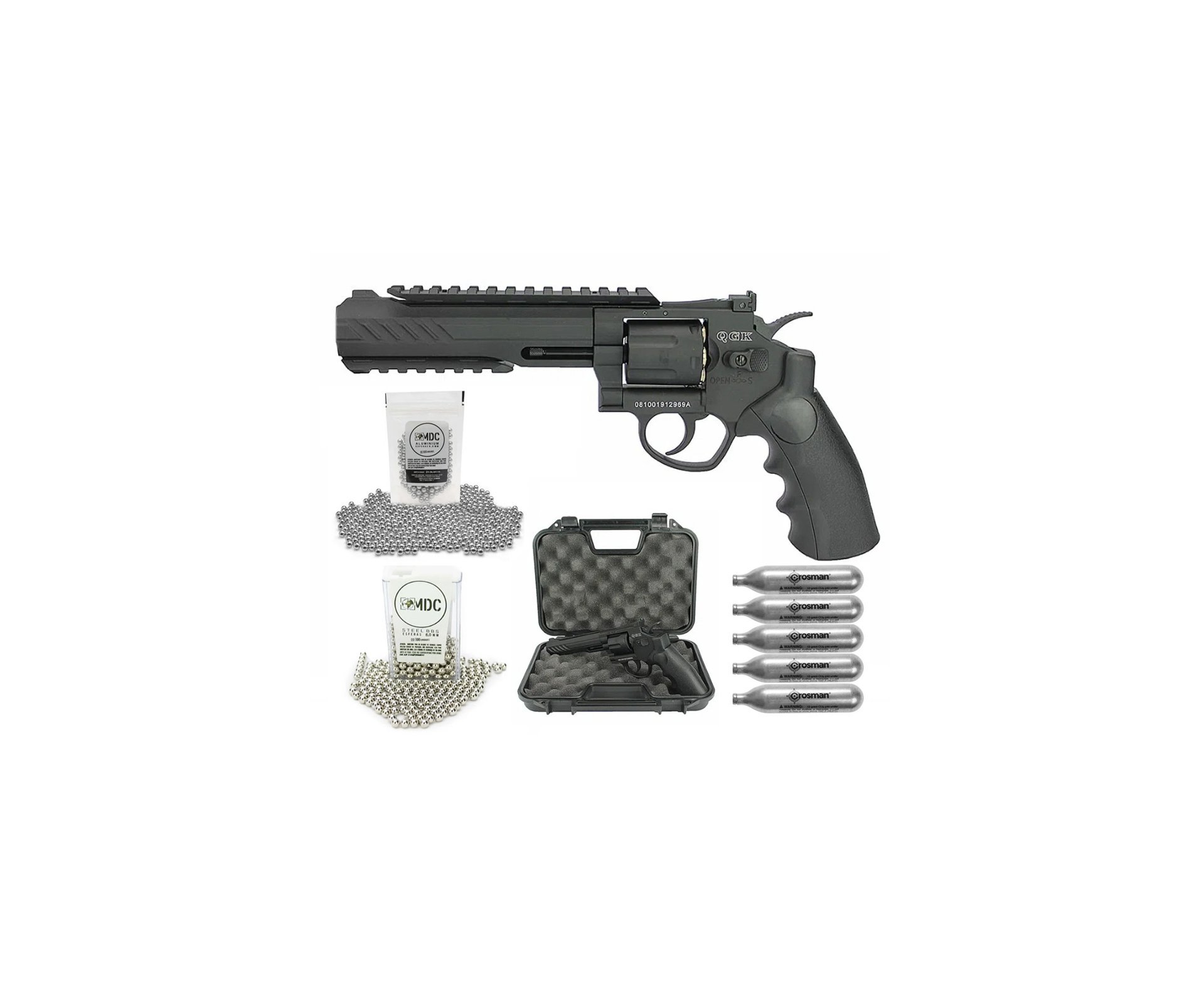 Revólver Pressão Airguns CO2 Titan 6" Black Full Metal 6mm esfera aço - QGK + CO2 + Kit Bbs
