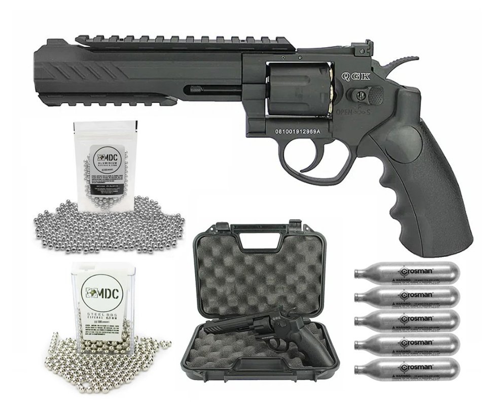 Revólver Pressão Airguns CO2 Titan 6" Black Full Metal 6mm esfera aço - QGK + CO2 + Kit Bbs