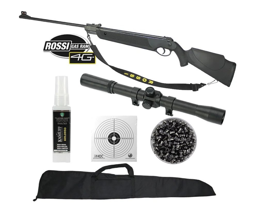 Carabina de Pressão Dione Nitro 4G 5,5mm GR55KG Rossi + Chumbo + Alvos + Luneta 4x20 + Bandoleira + Kamuff + Capa