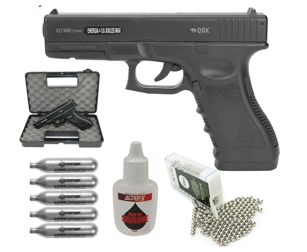 Pistola de Pressão Gás CO2 Glock G17 4,5mm QGK + CASE + CO2 + BBs + Oleo