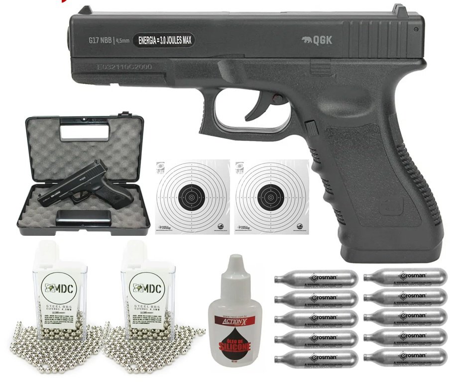 Pistola de Pressão Gás CO2 Glock G17 4,5mm QGK + KIT Pro